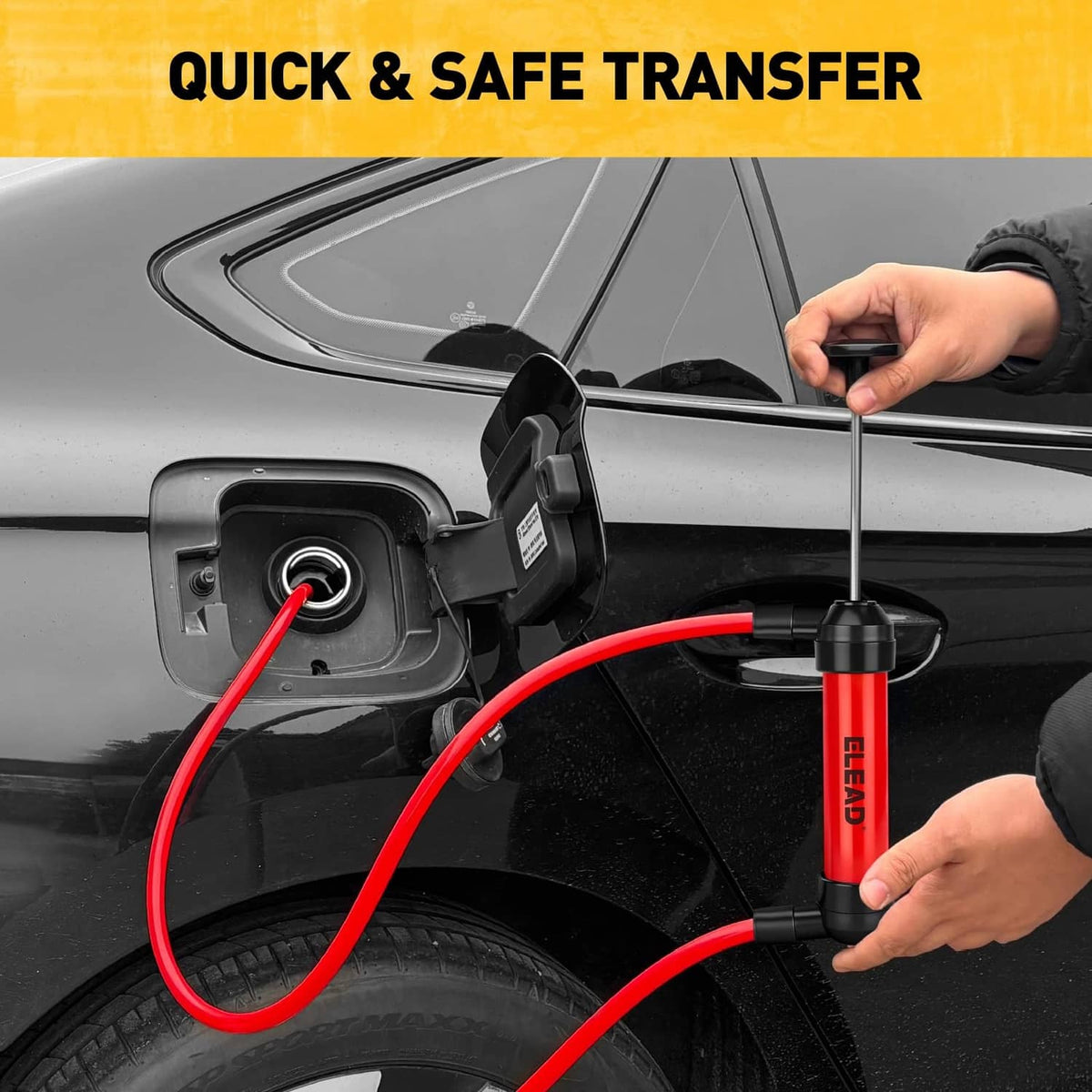 Vehicle transfer siphon pump with red hose connected to a car port and black pump body