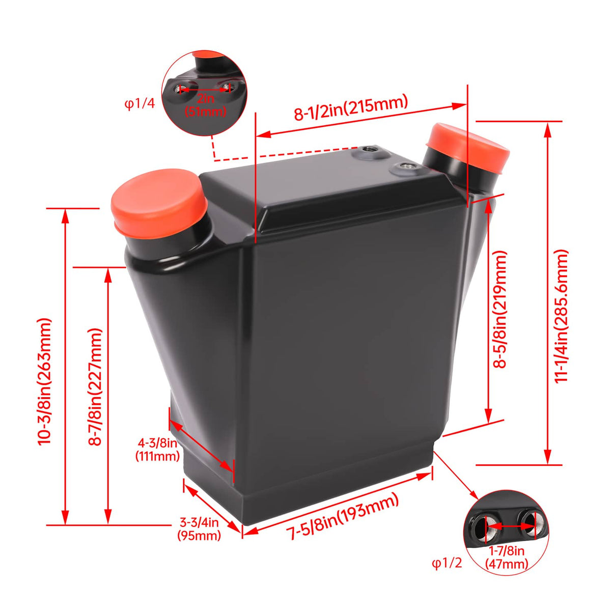 Water intercooler reservoir with red inlet caps and top fittings, black housing with measurements