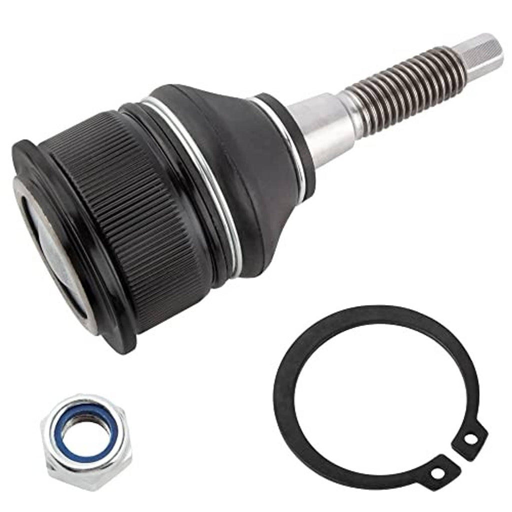 Front upper ball joint with black rubber boot, threaded stud, nut and retaining ring