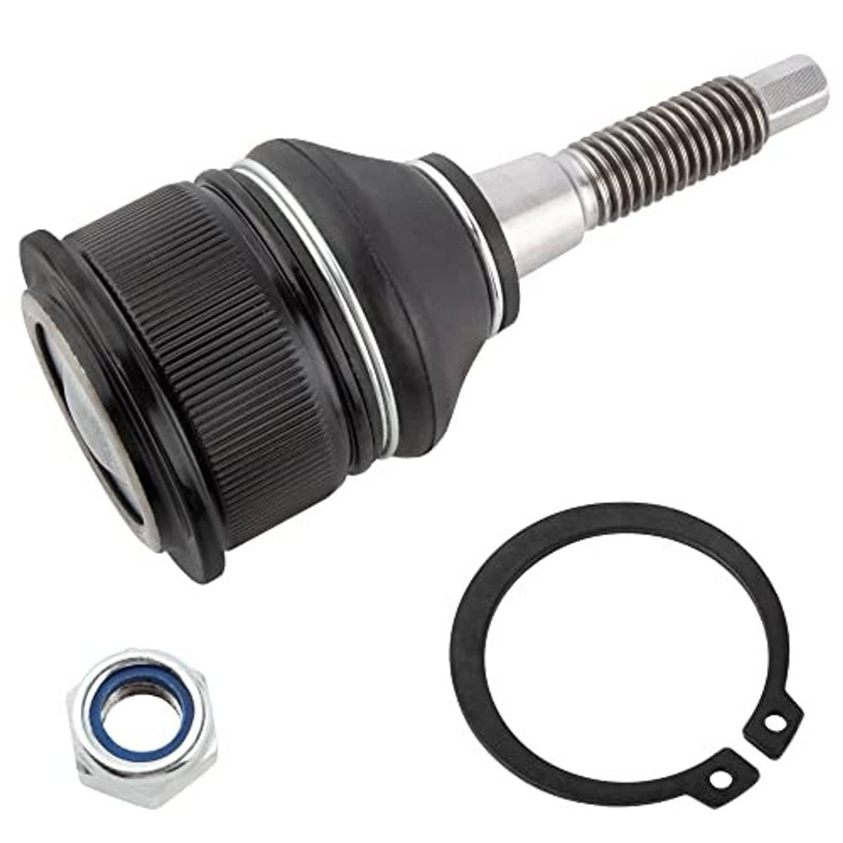 Front upper ball joint with black rubber boot, threaded stud, nut and retaining ring