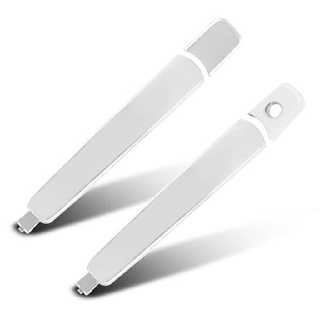 Chrome exterior door handle pair with mounting plate and circular screw hole