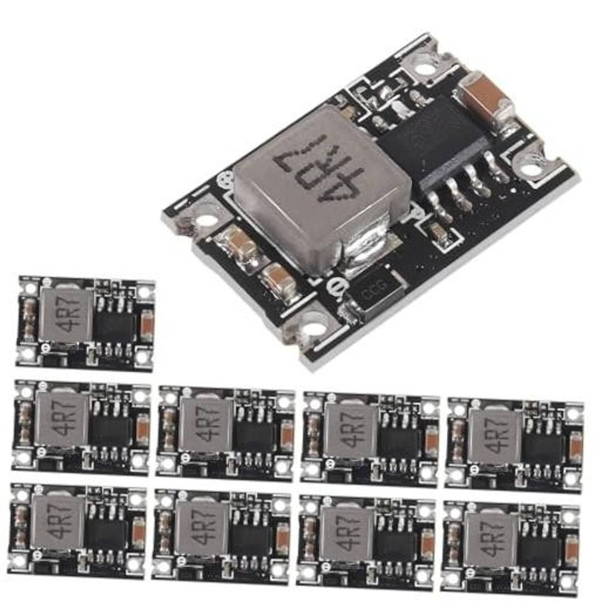 Step-down DC-DC power supply module PCB with adjustable regulator IC and inductor