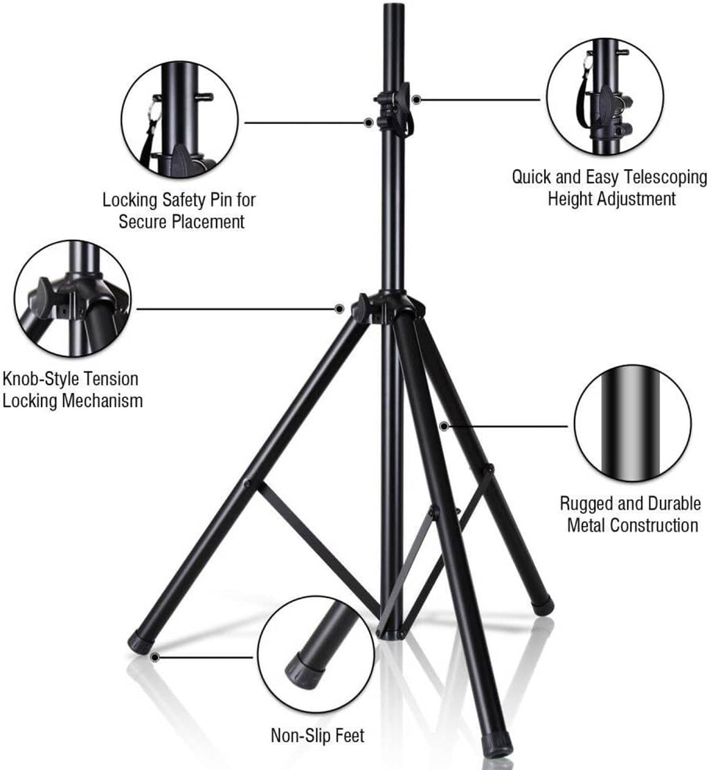 Black tripod speaker stand with knob locking mechanism and non-slip feet