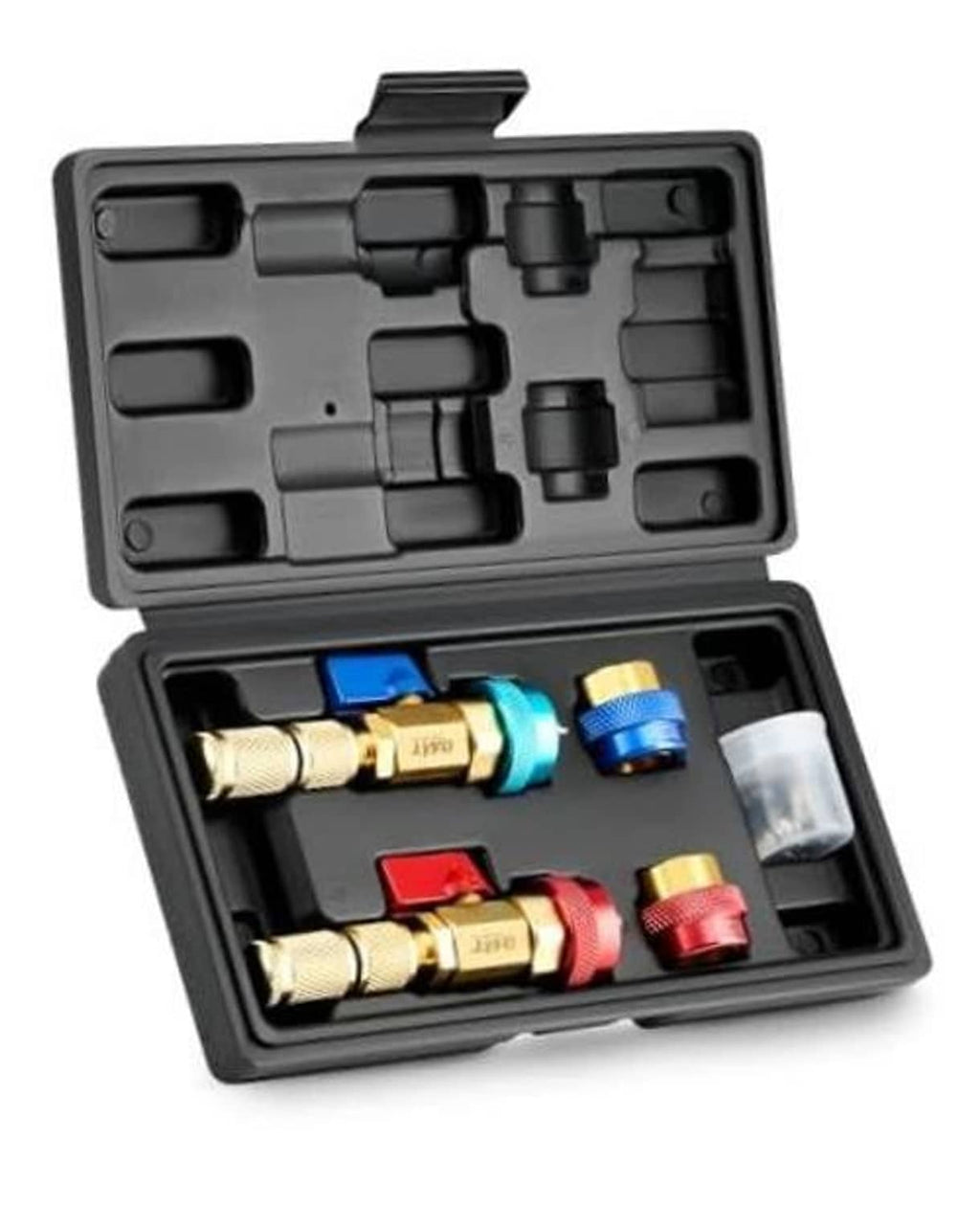 AC valve core removal kit in black case with blue and red couplers and adapters