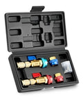 AC valve core removal kit in black case with blue and red couplers and adapters