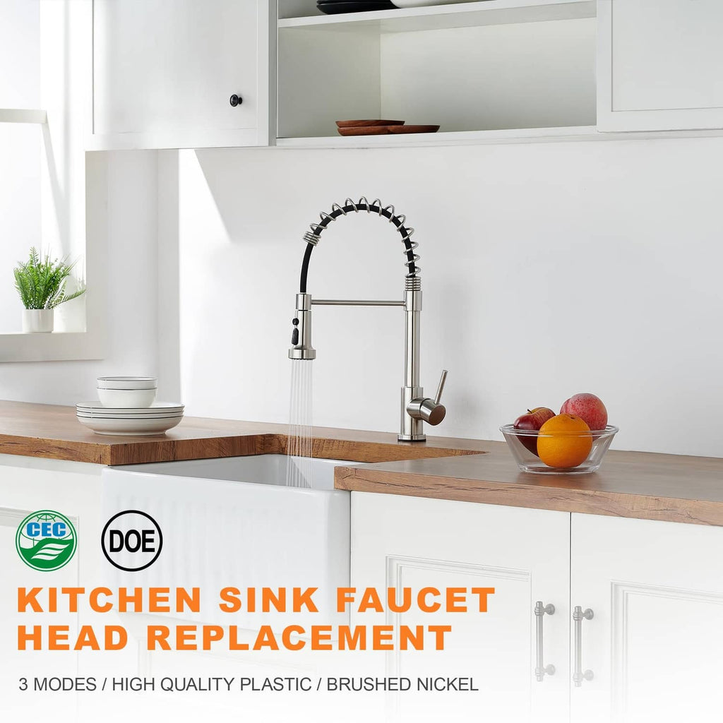 Brushed nickel kitchen faucet spray head replacement with round nozzle and black control pad