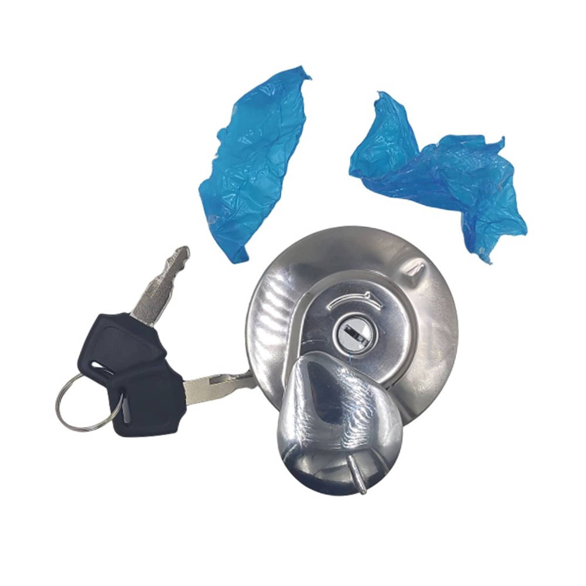 Metal fuel tank cap with key; includes protective plastic film