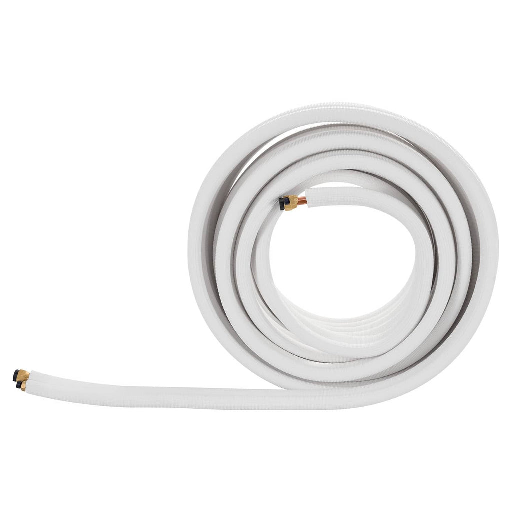 Mini split line set with coiled copper tubing and white PE insulation, end fittings