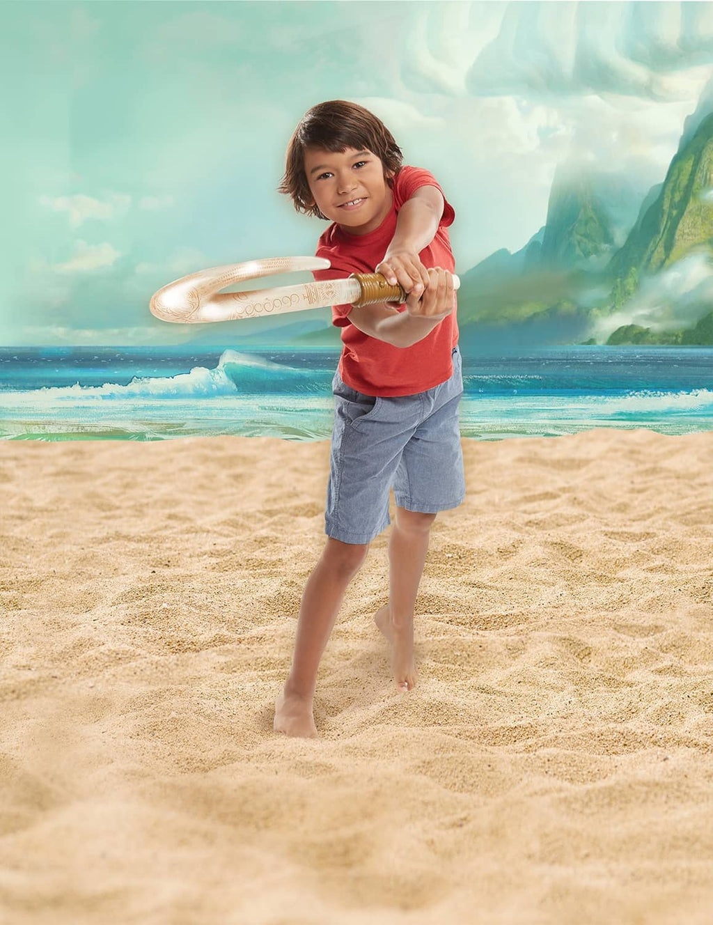 Magical fish hook toy held by a child, decorative golden blade