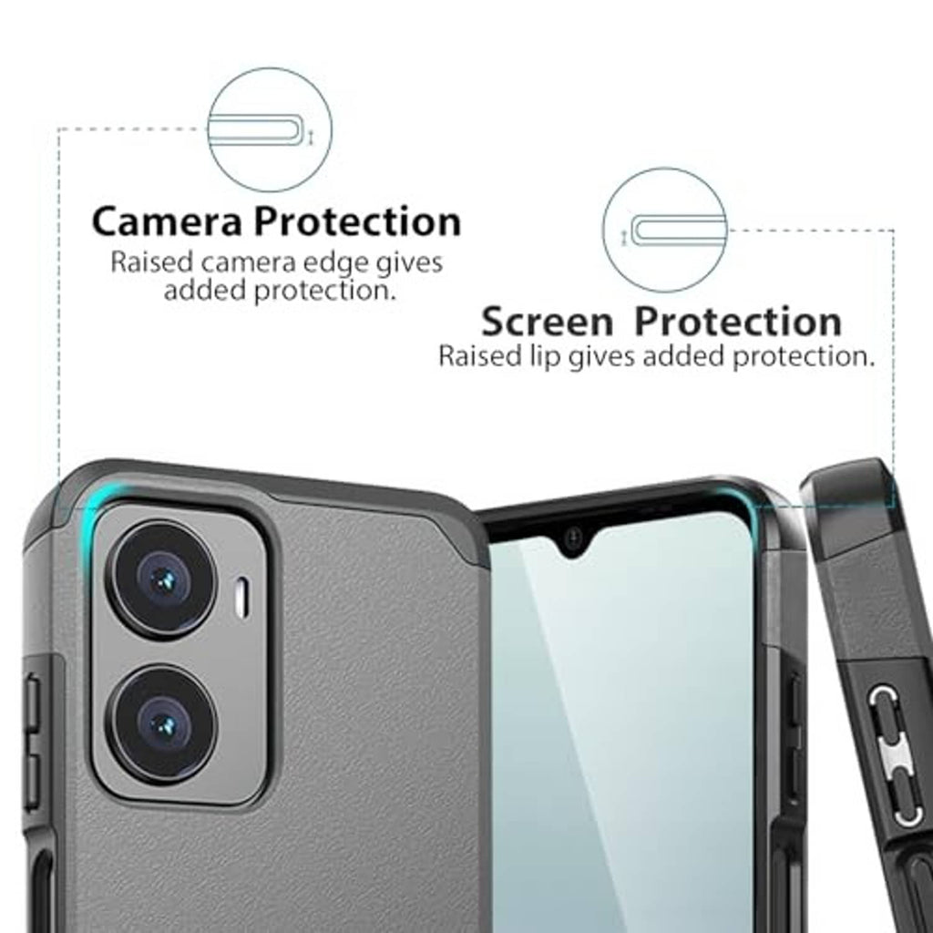 Gray phone case with raised camera edge and raised screen lip for protection