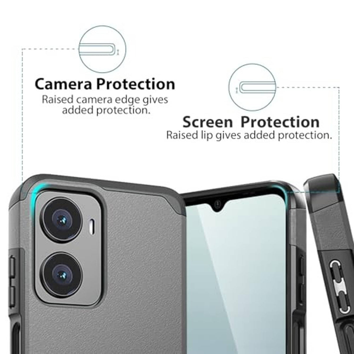 Gray phone case with raised camera edge and raised screen lip for protection