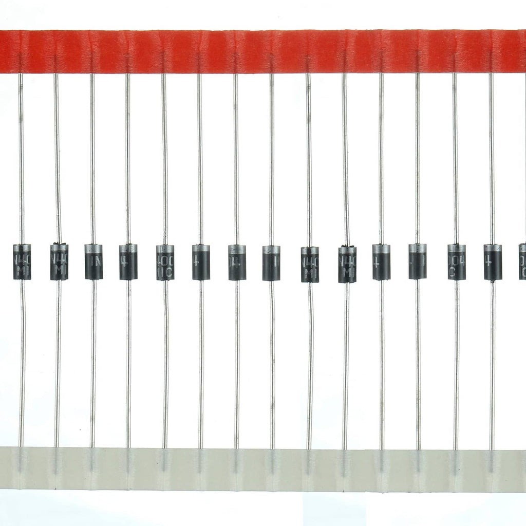 Row of diodes on long metal leads with black bodies, red header rail
