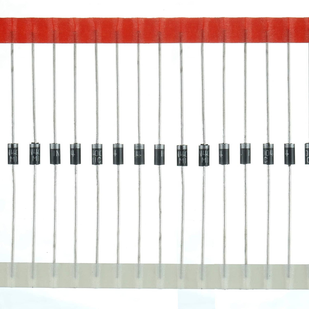 Row of diodes on long metal leads with black bodies, red header rail