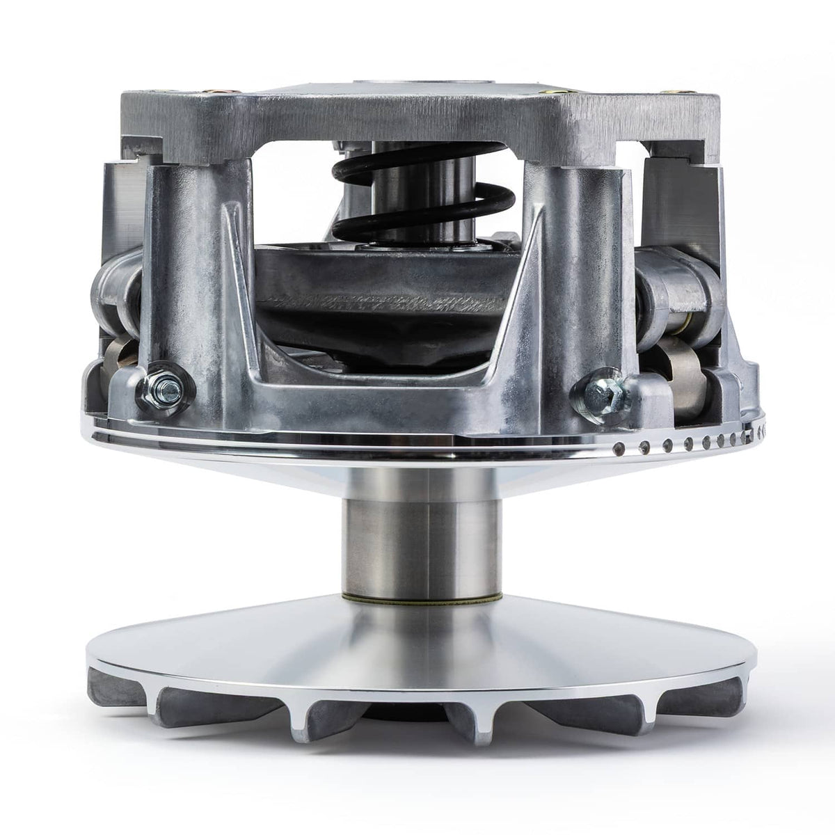 Aluminum clutch housing with internal spring and base plate, silver metal