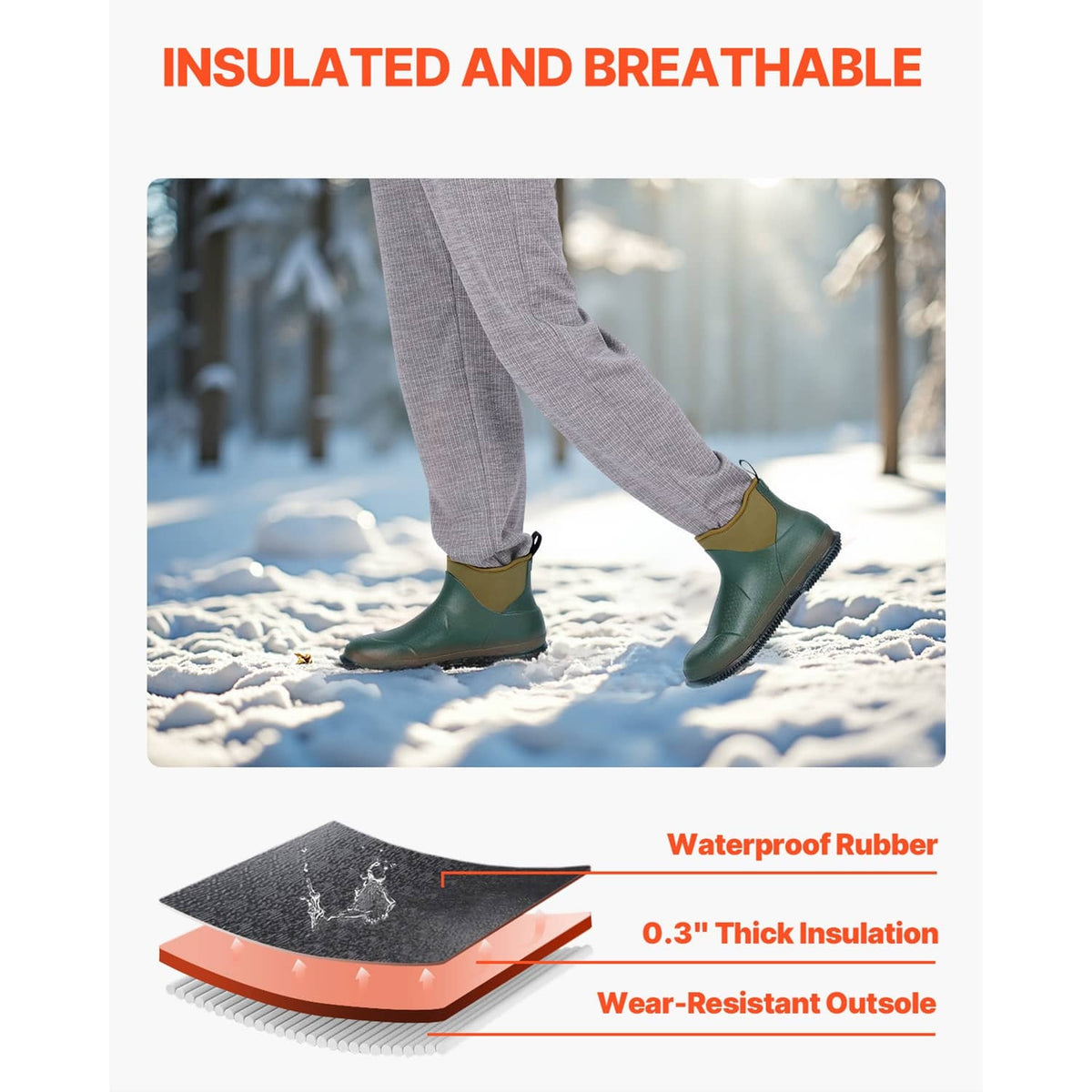 Green deck boots on snowy ground with tan collar detail and textured slip-resistant sole