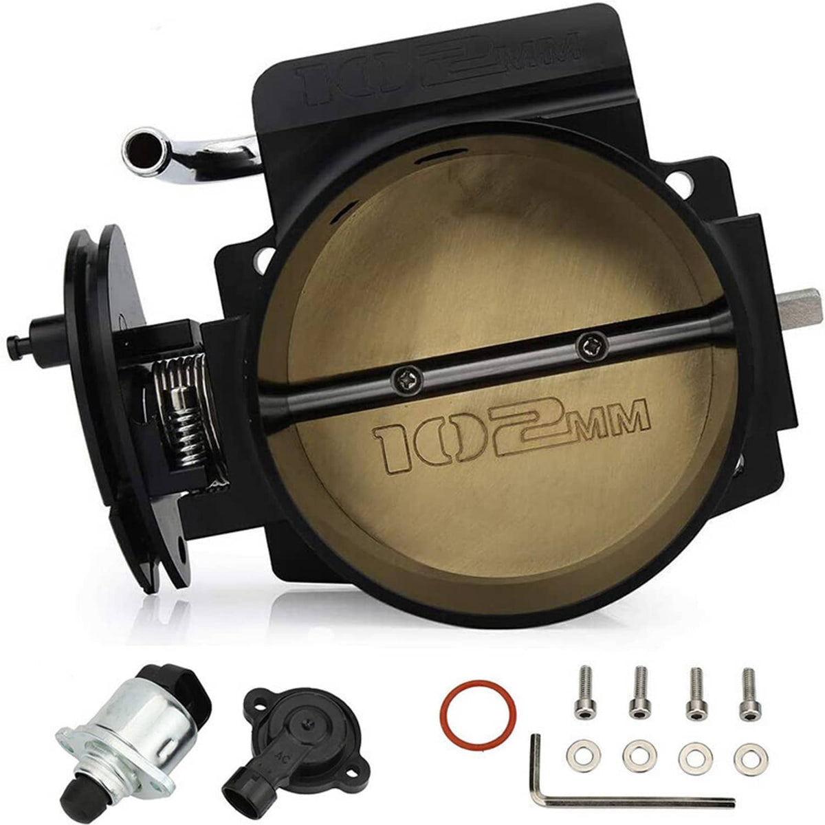 102mm throttle body with brass interior, black housing, and sensor/port attachments