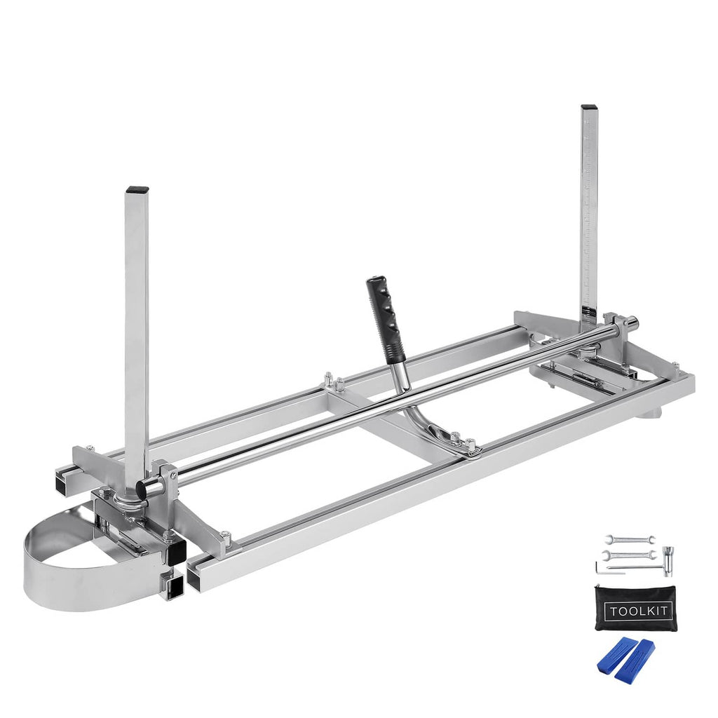 Chainsaw mill guide frame with tall uprights and cutting support, silver metal, toolkit
