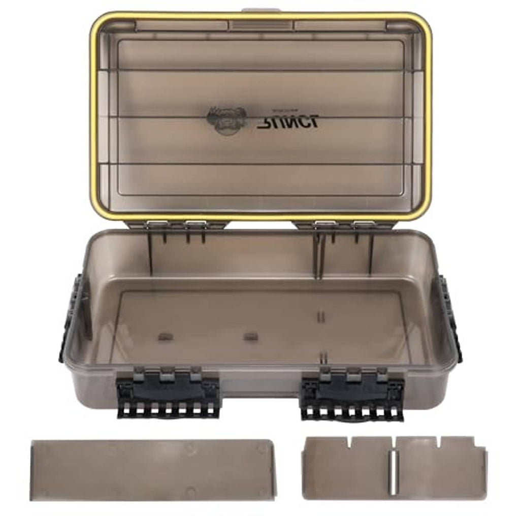Deep gray fishing tackle box with clear lid open, two divider plates included