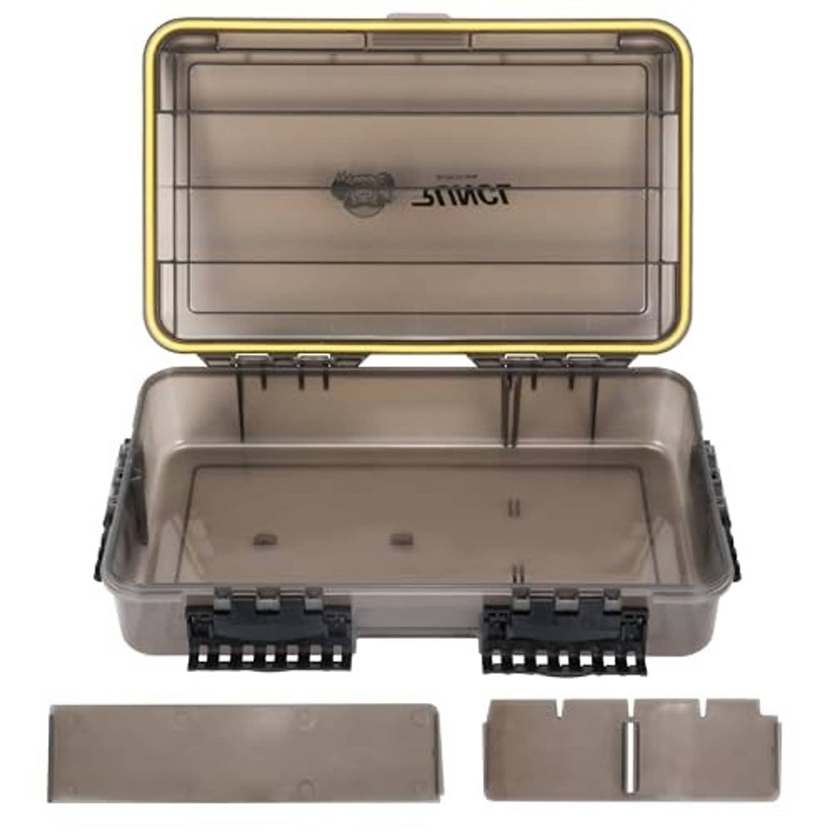 Deep gray fishing tackle box with clear lid open, two divider plates included