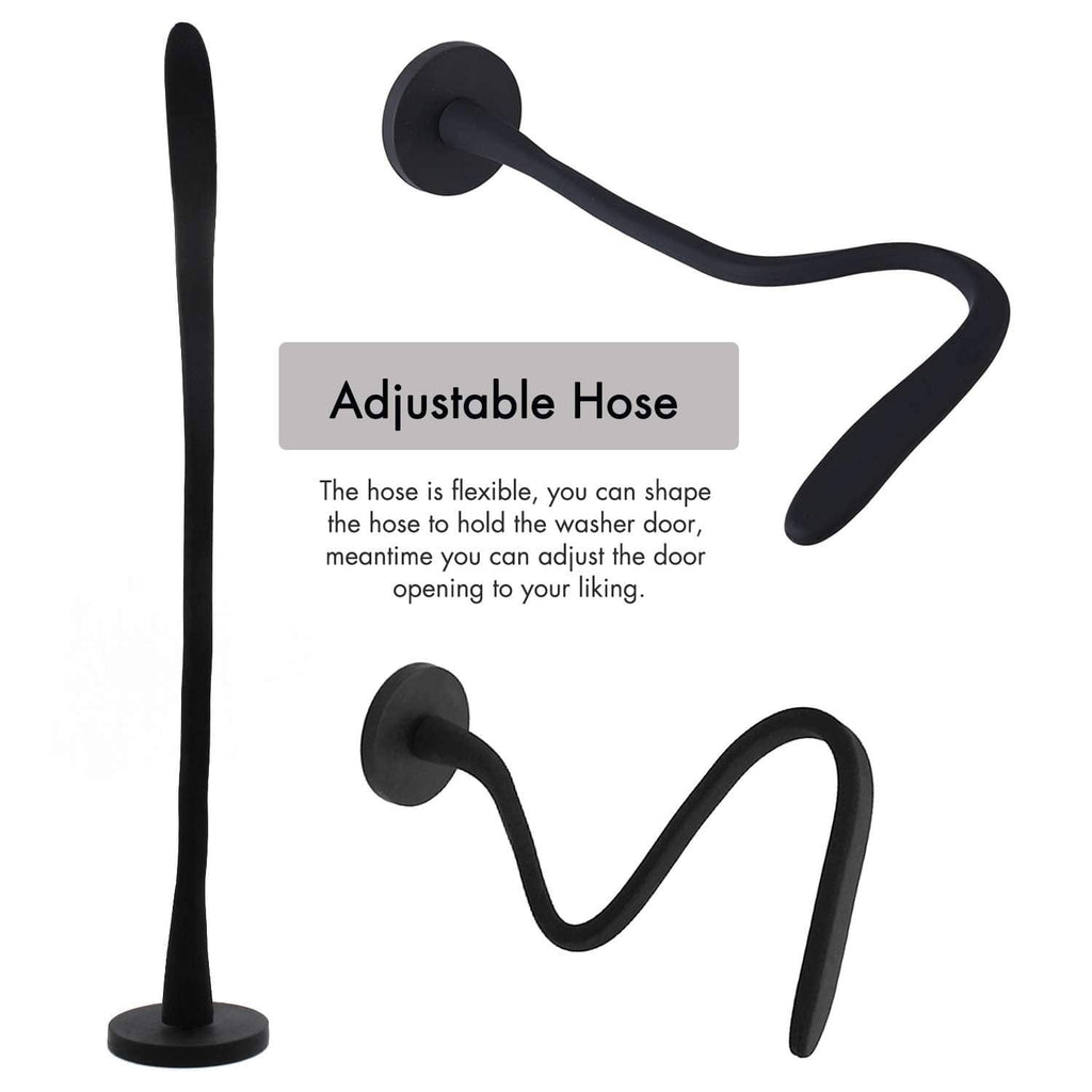Black flexible washer door prop with round magnetic end and adjustable curved support