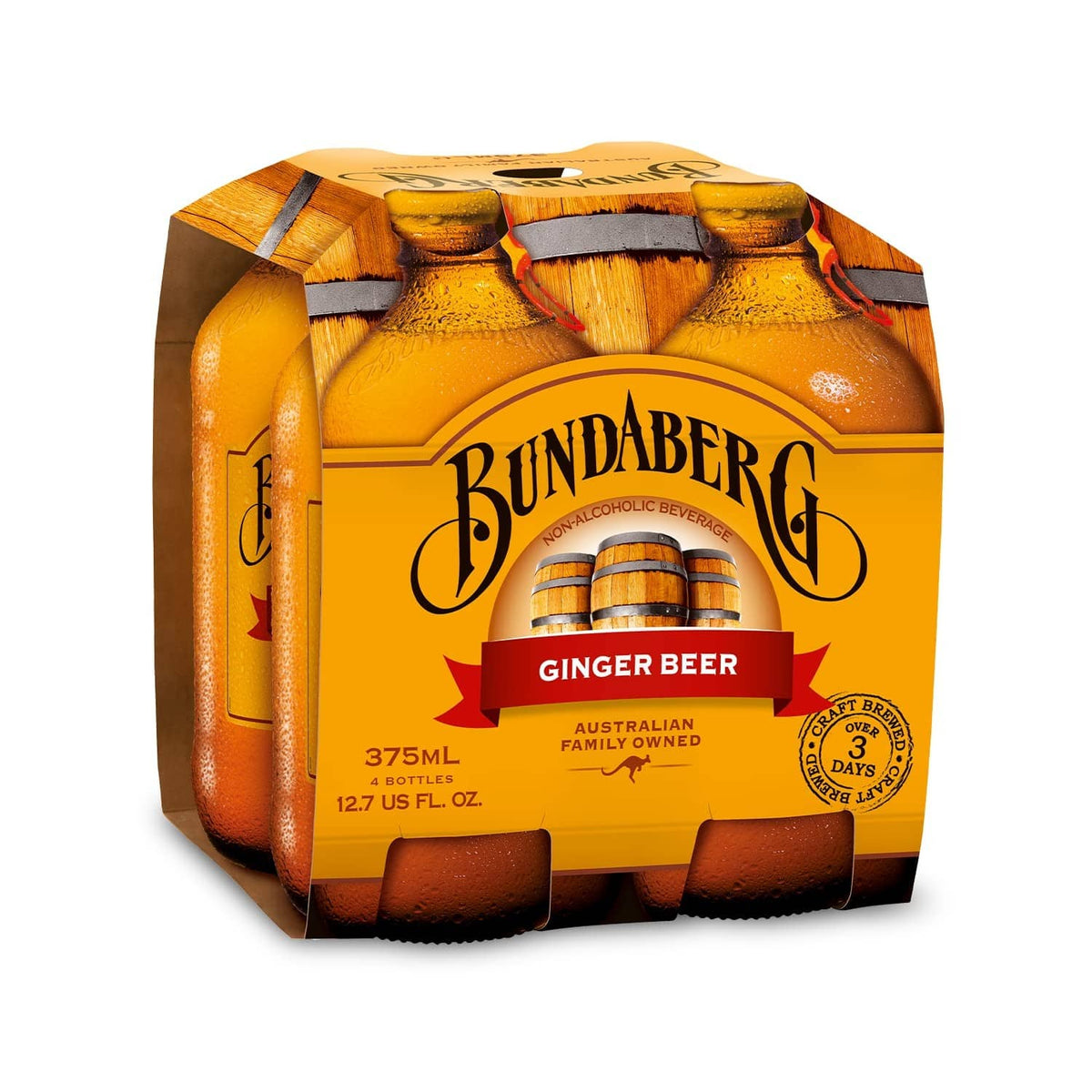 Bundaberg Ginger Beer 4-pack carrier with four amber bottles, 12.7 fl oz each