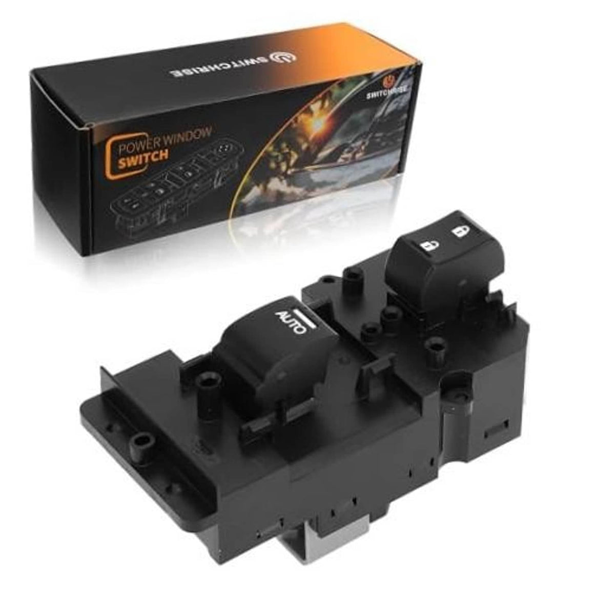 Power window switch module with button top, black plastic and mounting base