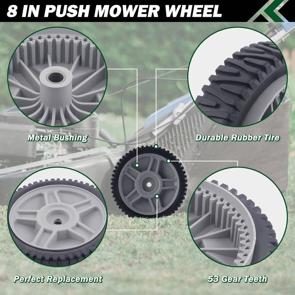 Gray push mower drive wheel with black rubber tire and metal bushing detail