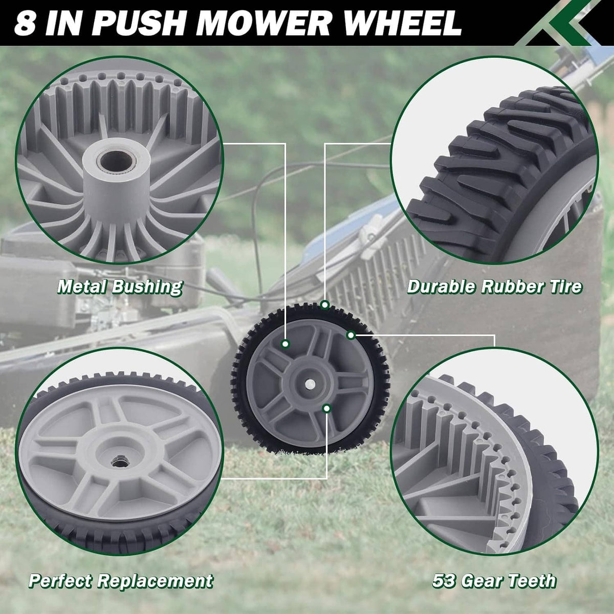 Gray push mower drive wheel with black rubber tire and metal bushing detail