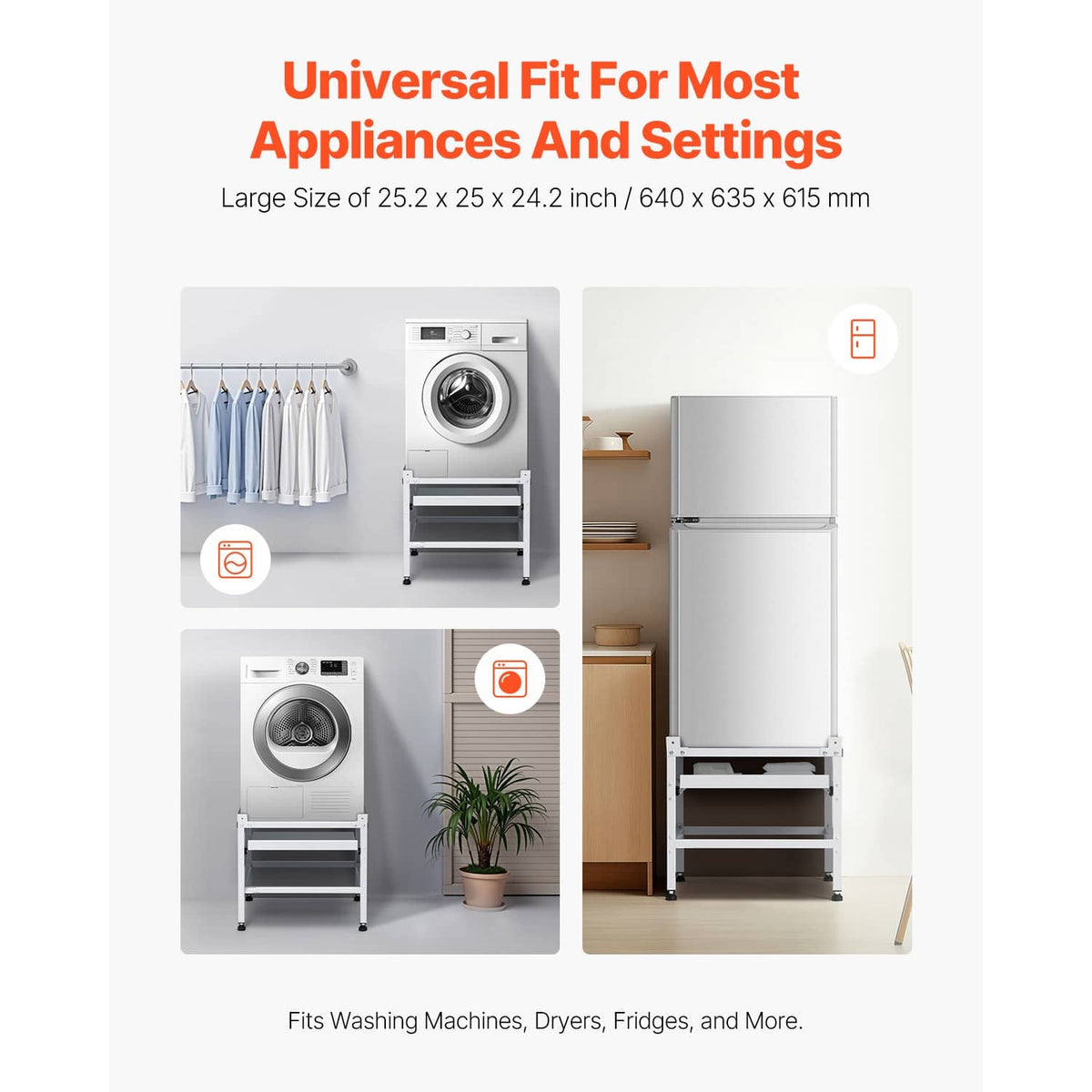 White universal laundry machine base with dual tiers and adjustable feet