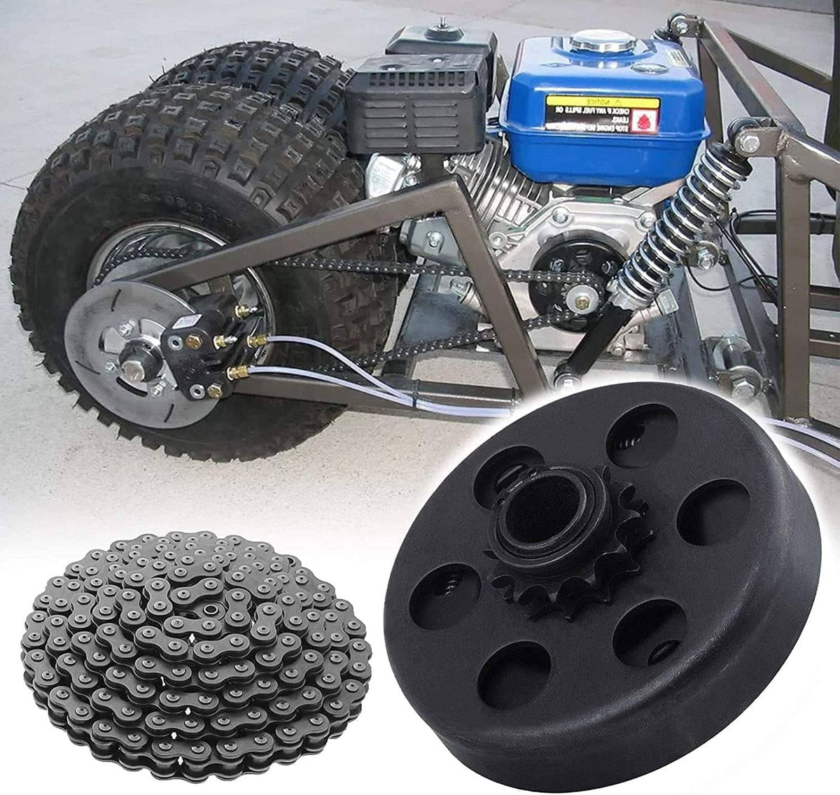 Go-kart clutch kit with black clutch plate, 10T sprocket, and #40 chain