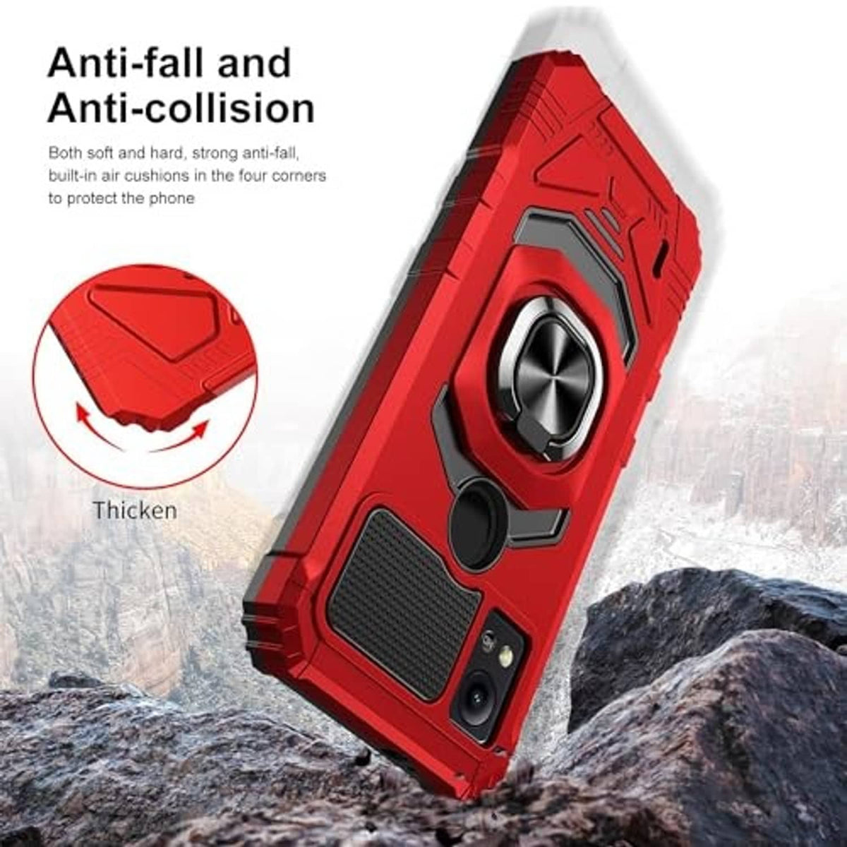 Red rugged phone case with textured grip, ring stand, and camera openings
