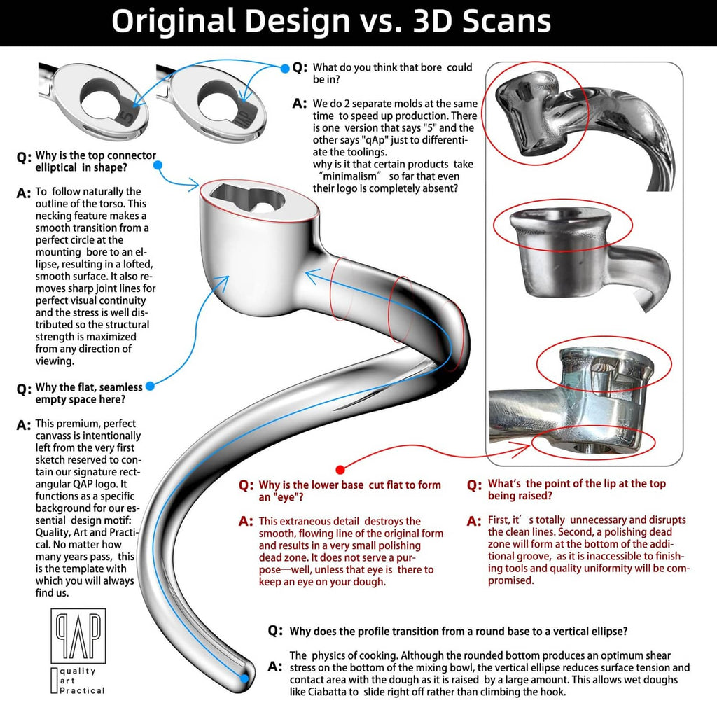 Stainless steel spiral dough hook attachment with QAP marking, bright silver