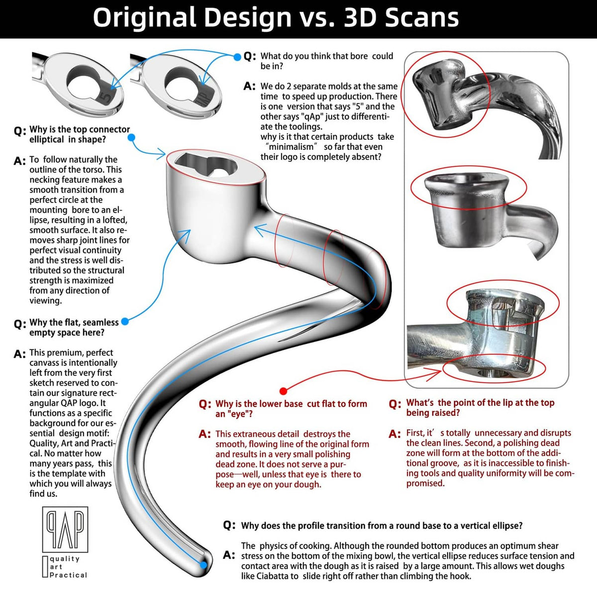 Stainless steel spiral dough hook attachment with QAP marking, bright silver