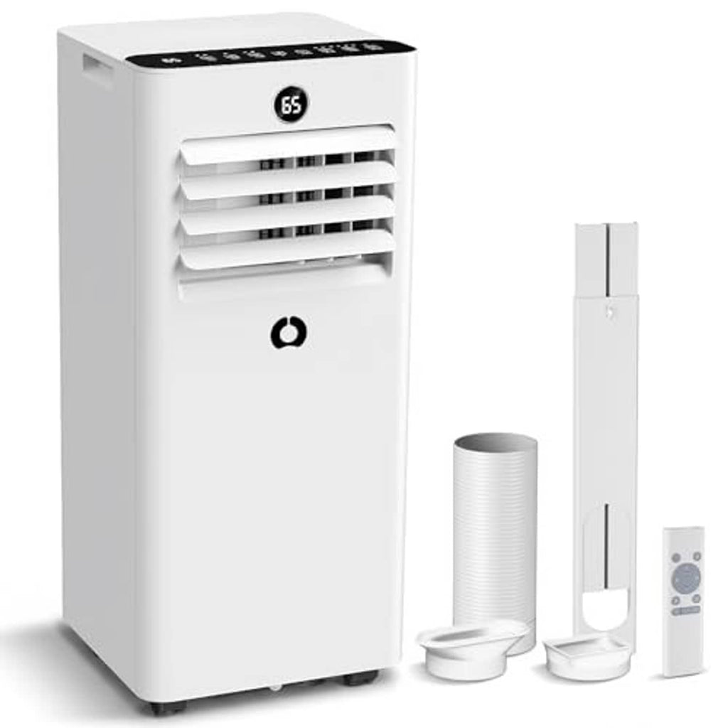 White portable air conditioner with vent hose and window panel accessories, angled view