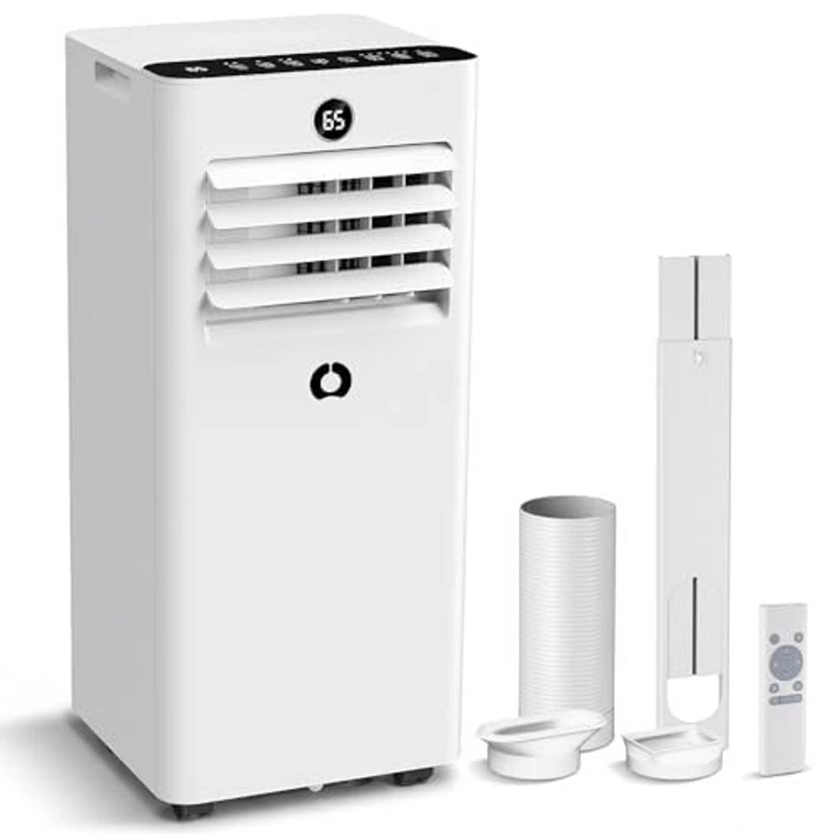 White portable air conditioner with vent hose and window panel accessories, angled view