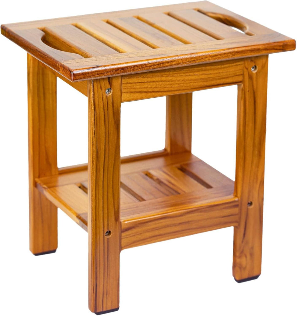 Teak slatted shower stool with lower shelf and handle cutouts on the top