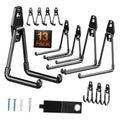 Heavy-duty wall hook set of 13 black double hooks with mounting hardware and straps