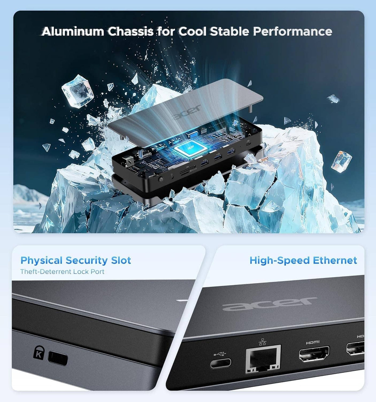 Acer aluminum laptop docking station with security lock slot and high-speed Ethernet