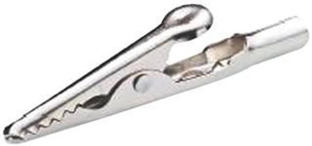 Steel alligator clip, open serrated mouth and curved handle, silver tone.