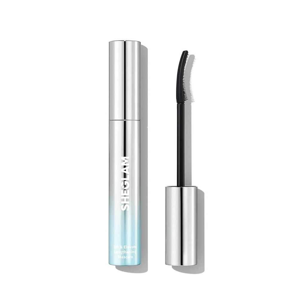 Black mascara tube with silver cap and wand brush