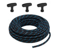 Coiled braided pull cord rope in dark navy-black with blue threads and black handles