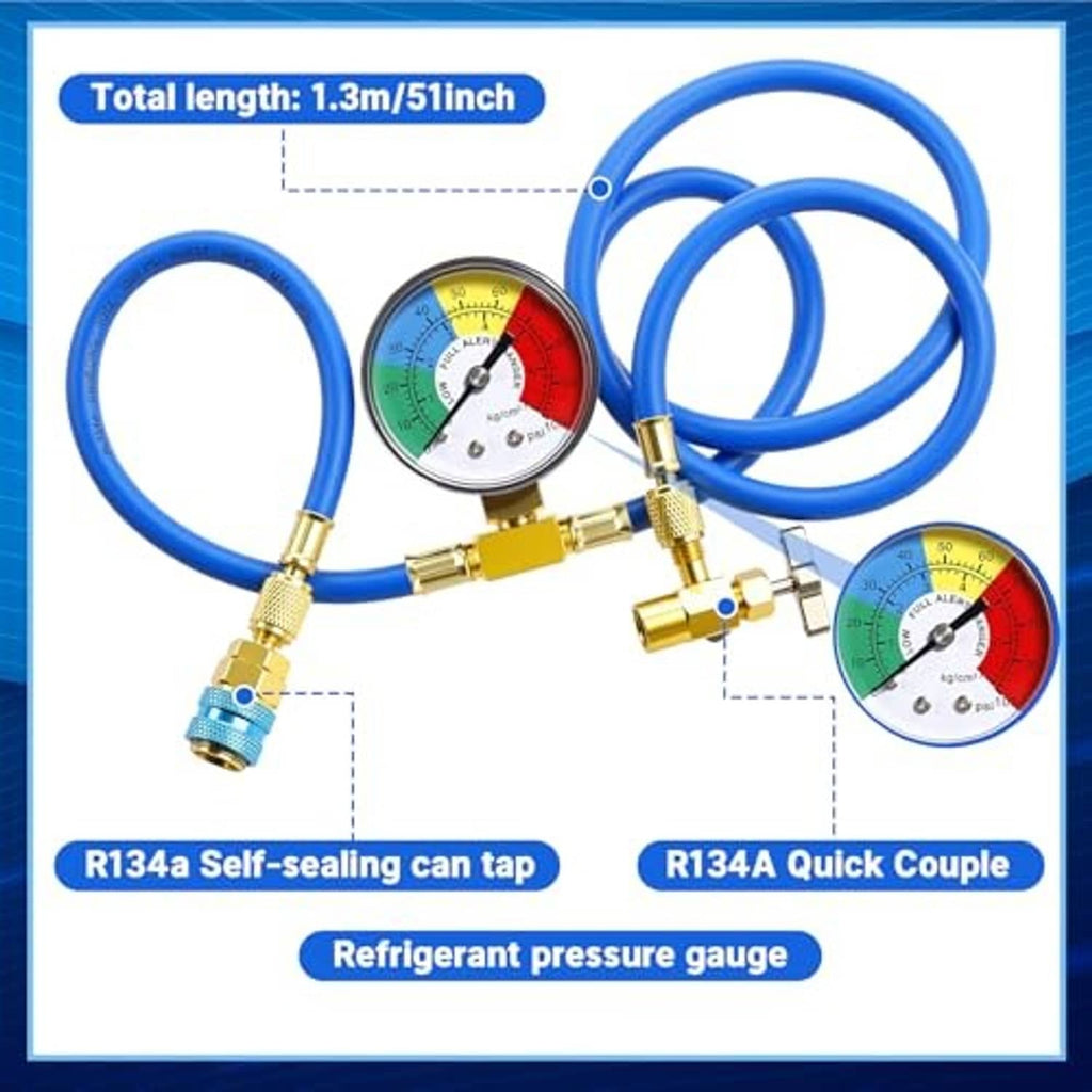 Refrigerant gauge kit with blue hoses, brass quick-couplers, and two gauge views