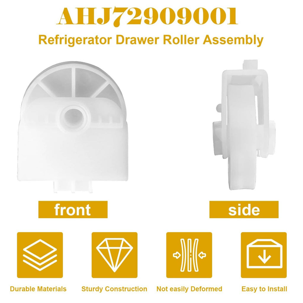 Refrigerator drawer roller assembly in white plastic, front and side views.
