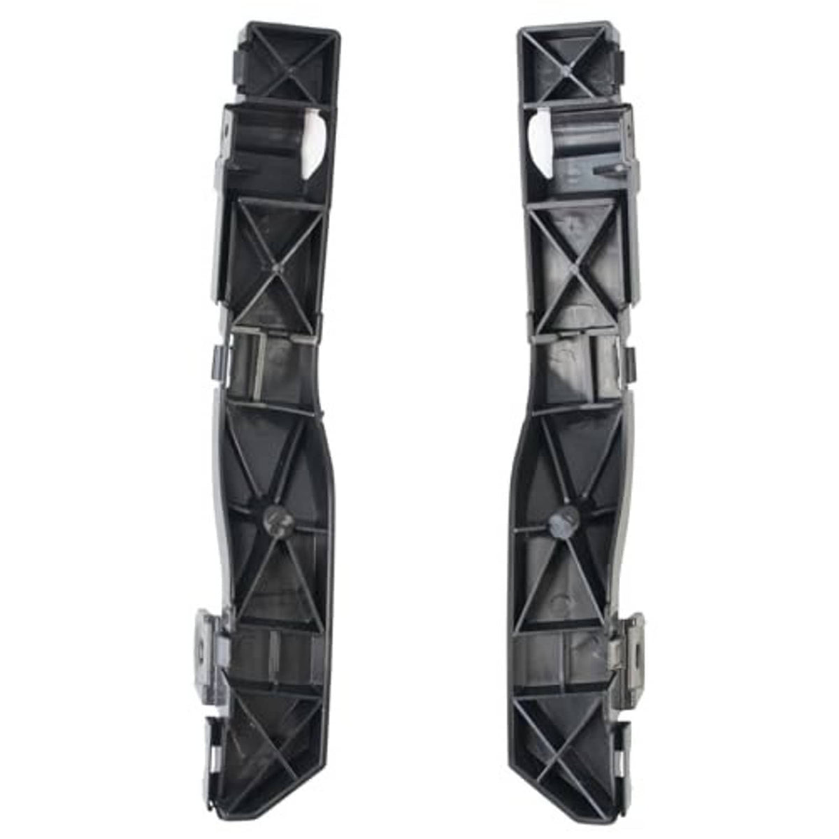 Front bumper bracket pair, black plastic inner frames with cross ribs