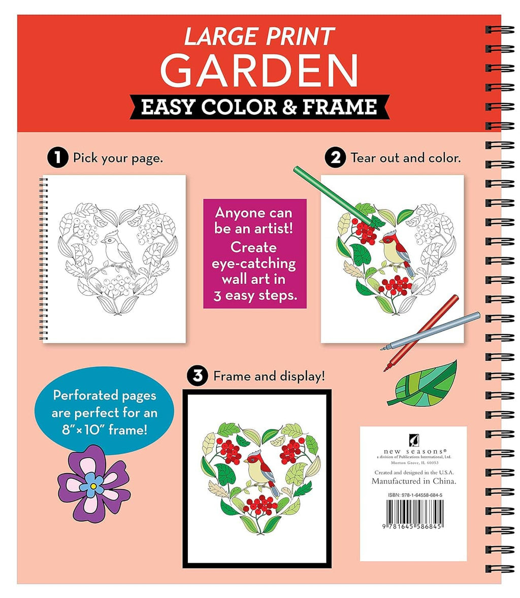 Spiral-bound garden coloring book back cover showing 3-step coloring and framing guide