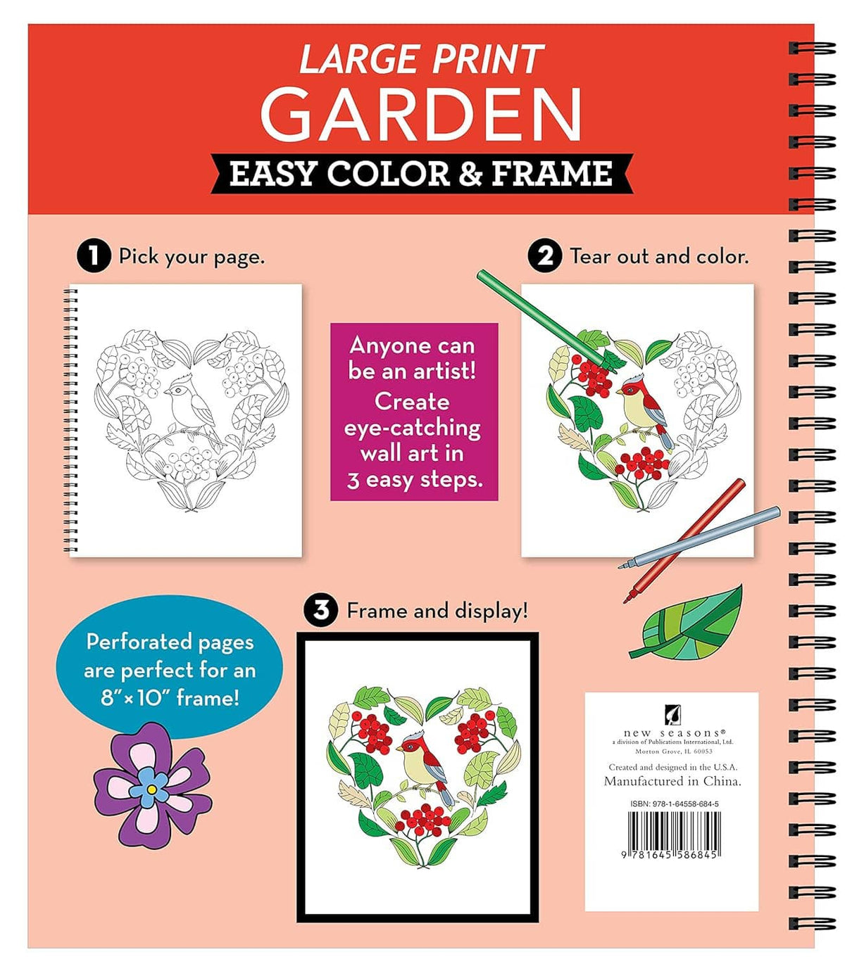Spiral-bound garden coloring book back cover showing 3-step coloring and framing guide