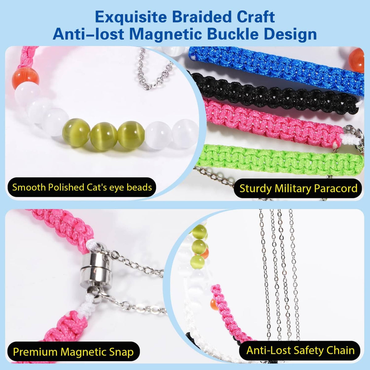 Braided stroke counter bracelet with magnetic snap clasp, cat-eye beads, and paracord band