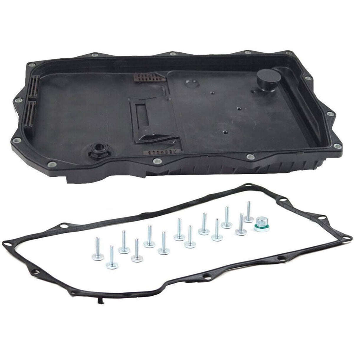 Black transmission oil pan housing with gasket and bolts, underside view
