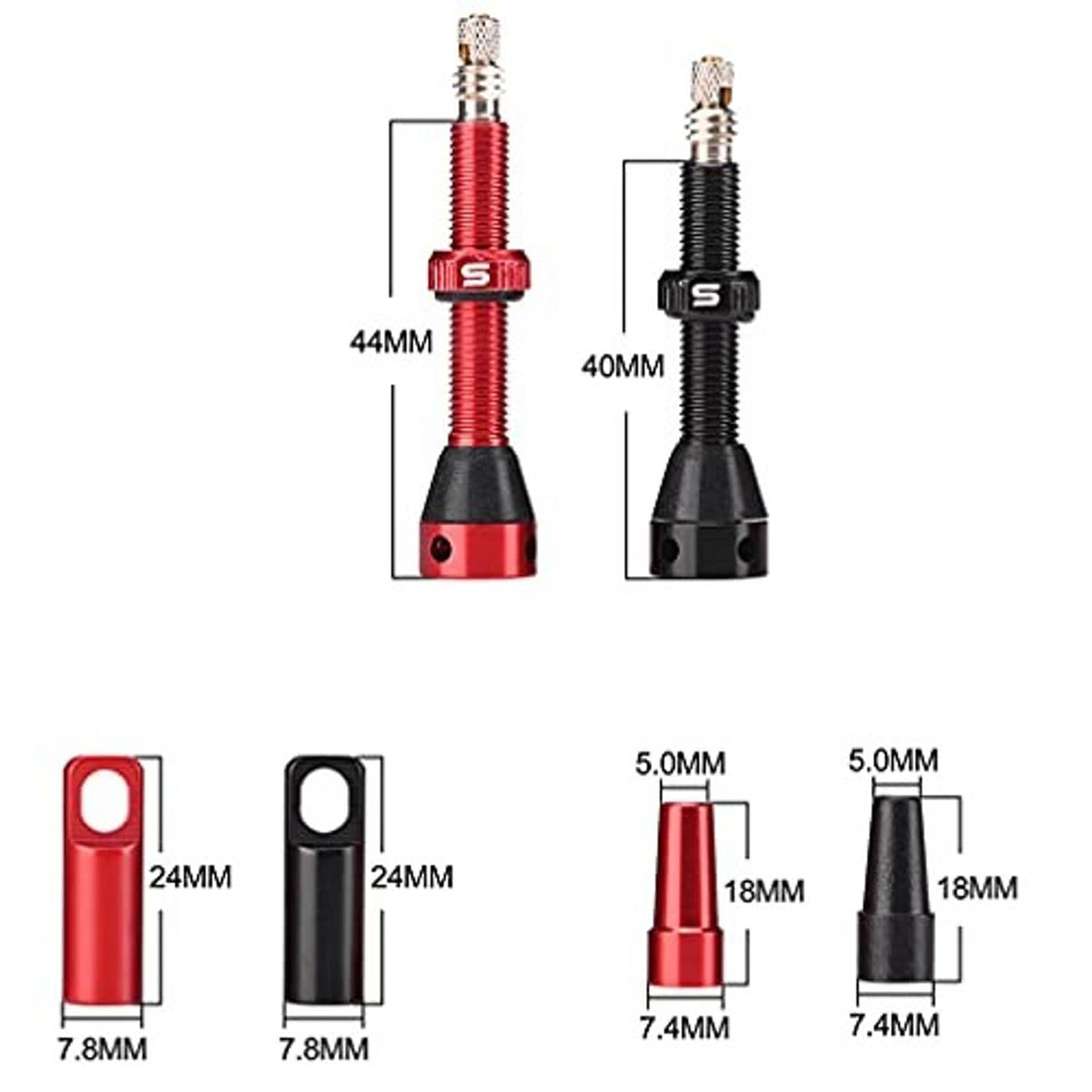 Tubeless valve stem sizing diagram showing 44mm red and 40mm black stems
