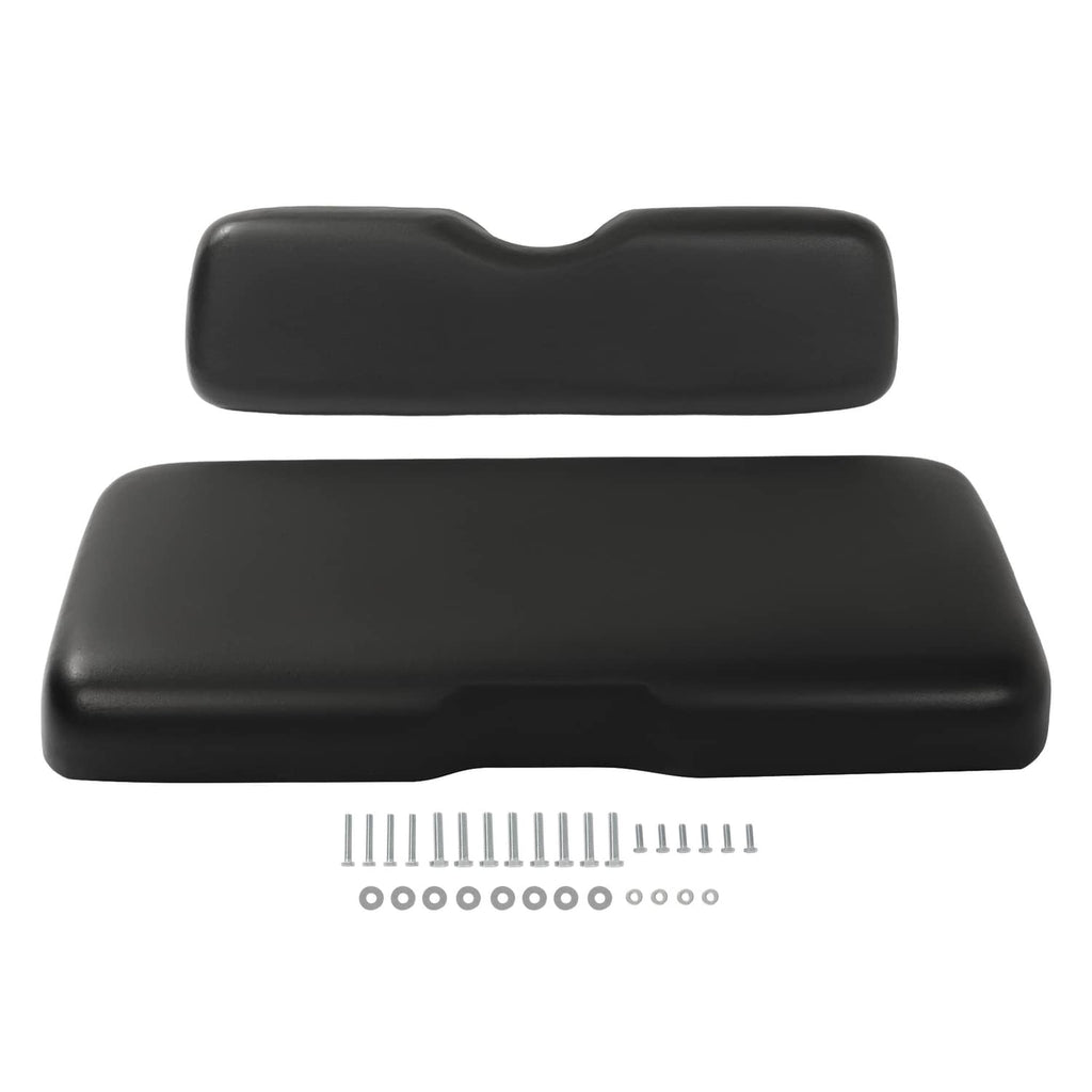 Black seat bottom and backrest cushions shown from top with mounting parts